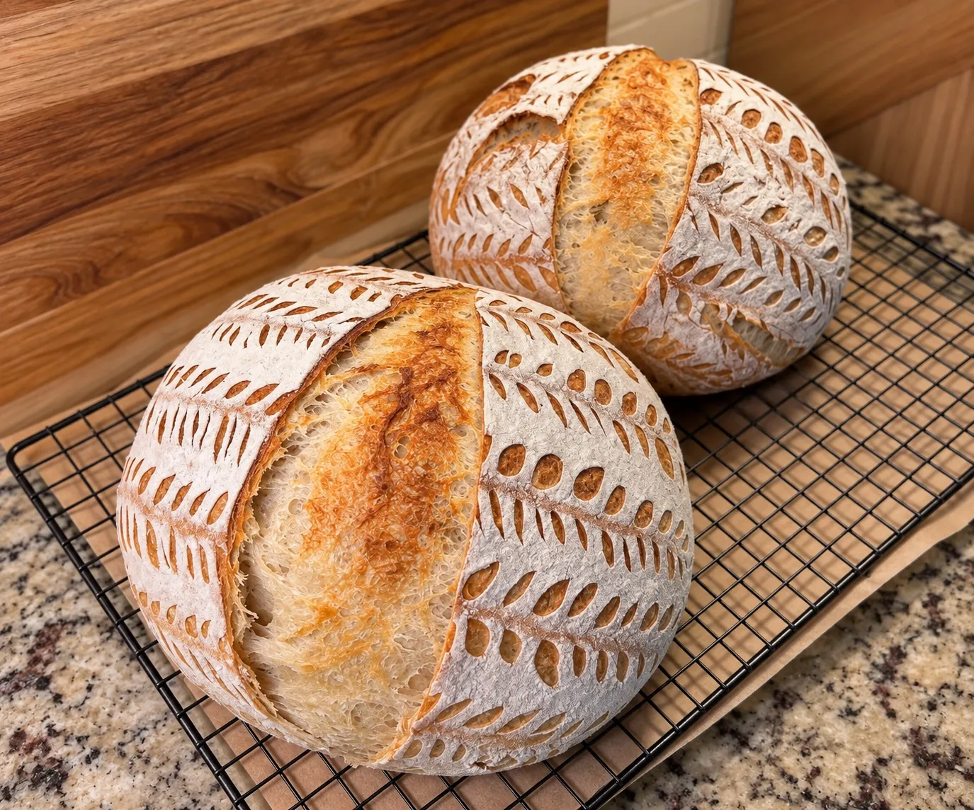 Two freshly baked sourdough loaves cooling on a rack