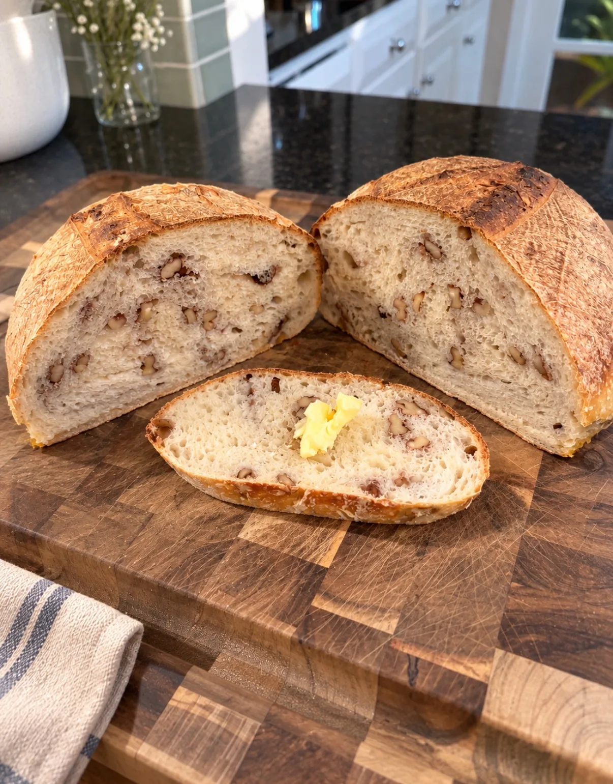 A sliced walnut sourdough loaf with a pat of butter